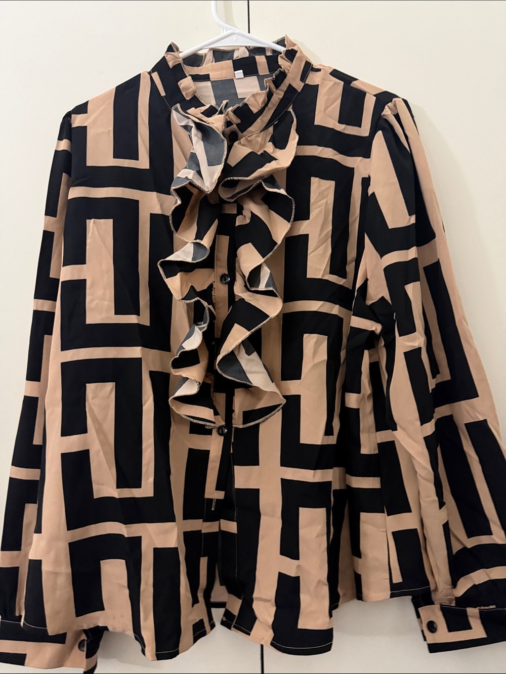Ruffled Geometric Button-Up top- Black & Beige